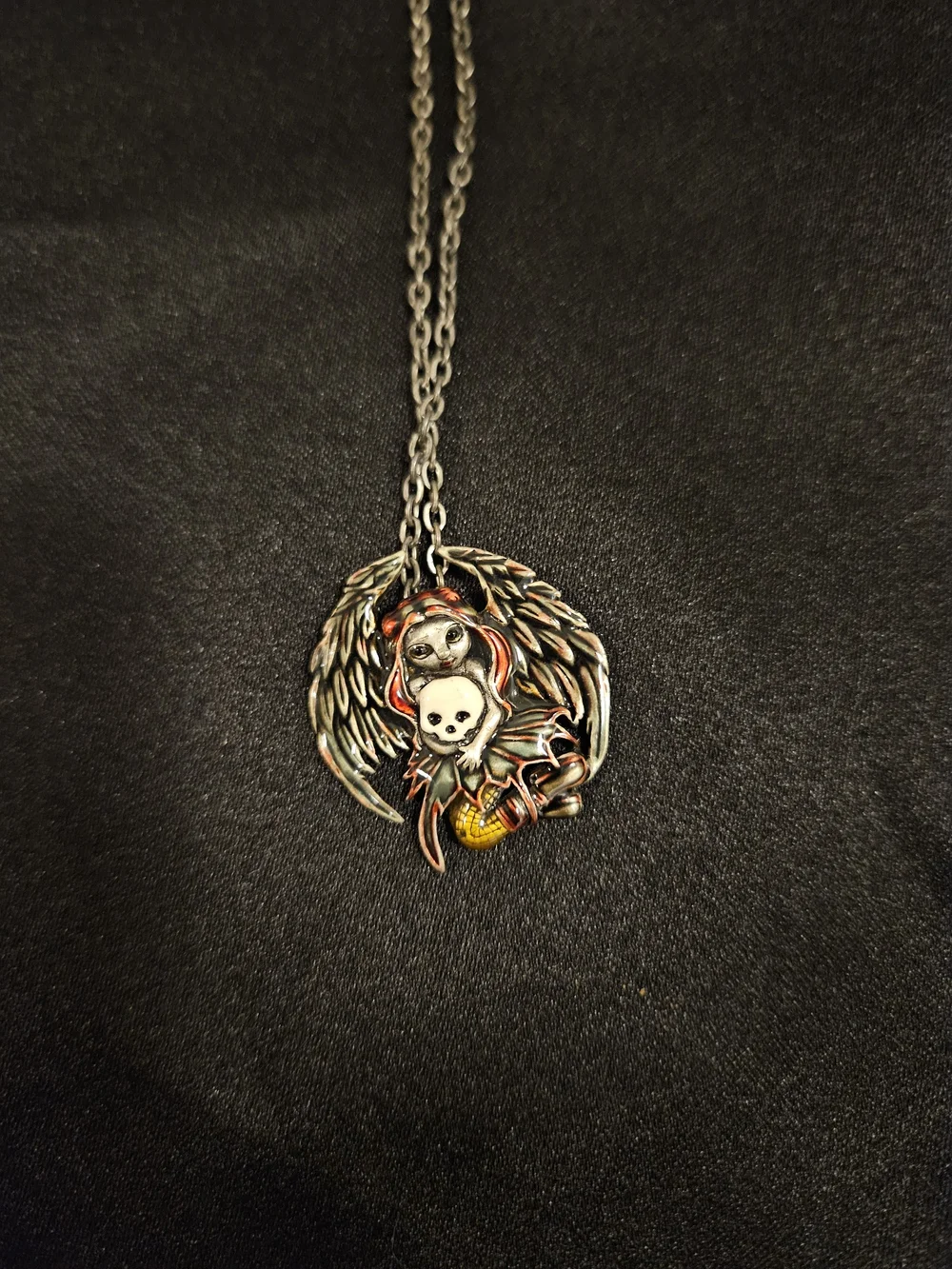 Silver Tone  Skull & Fairy Wing Pendant Necklace with Red Accents